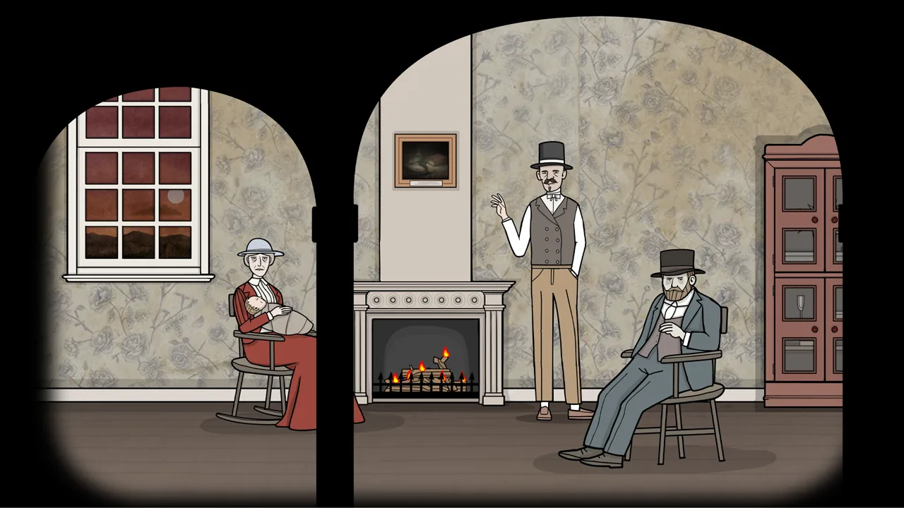 A keyhole view of the parlor showing a woman with a baby, a standing man in a top hat and a seated man by the fireplace