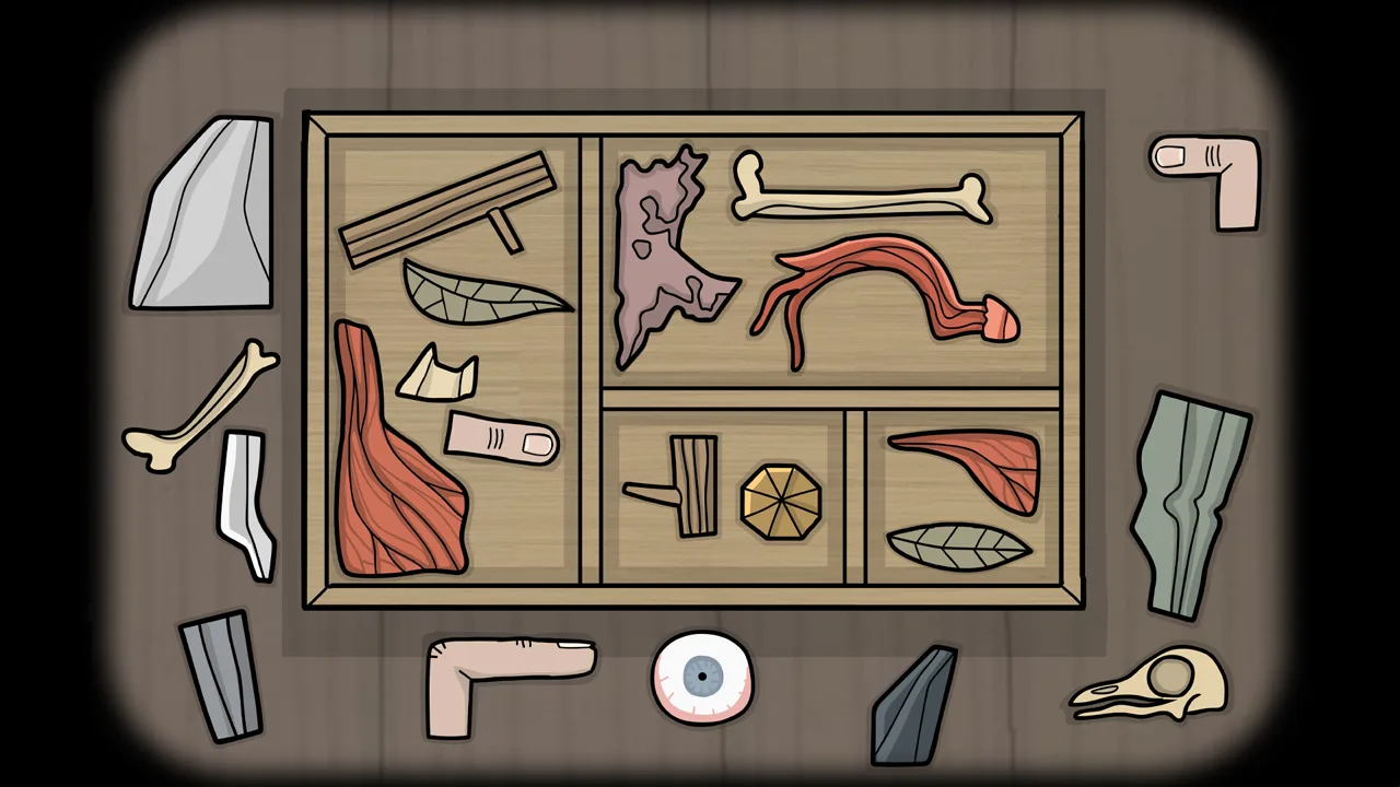 A wooden specimen tray holding bones, organs, a finger, leaves and stones waiting to be sorted