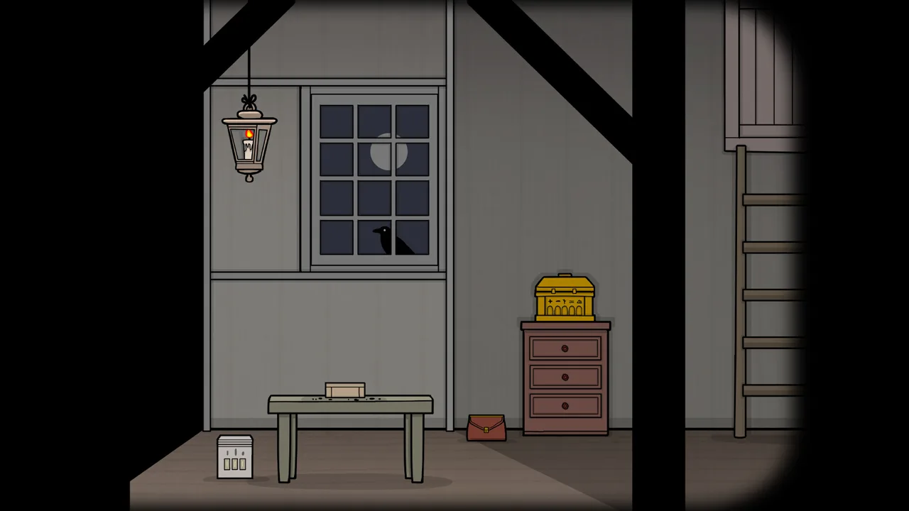The attic at night with a crow at the window and a brass box marked with alchemical symbols